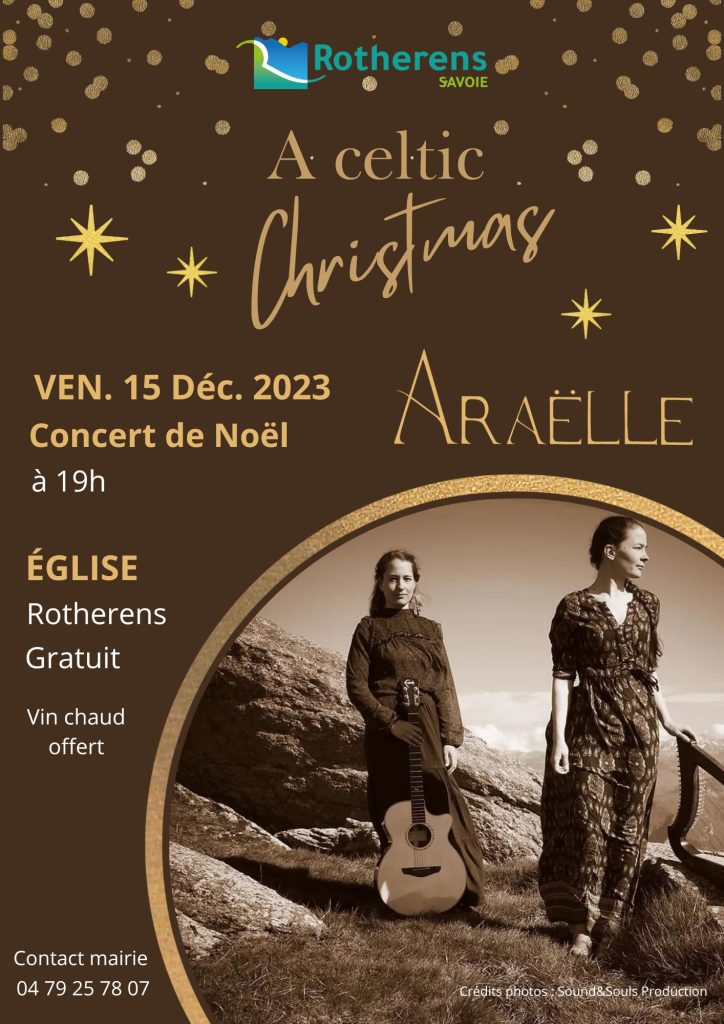 Affiche du concert de Noël le 15 décembre 2023 à 19h à l'église de Rotherens 73110. Concert gratuit.